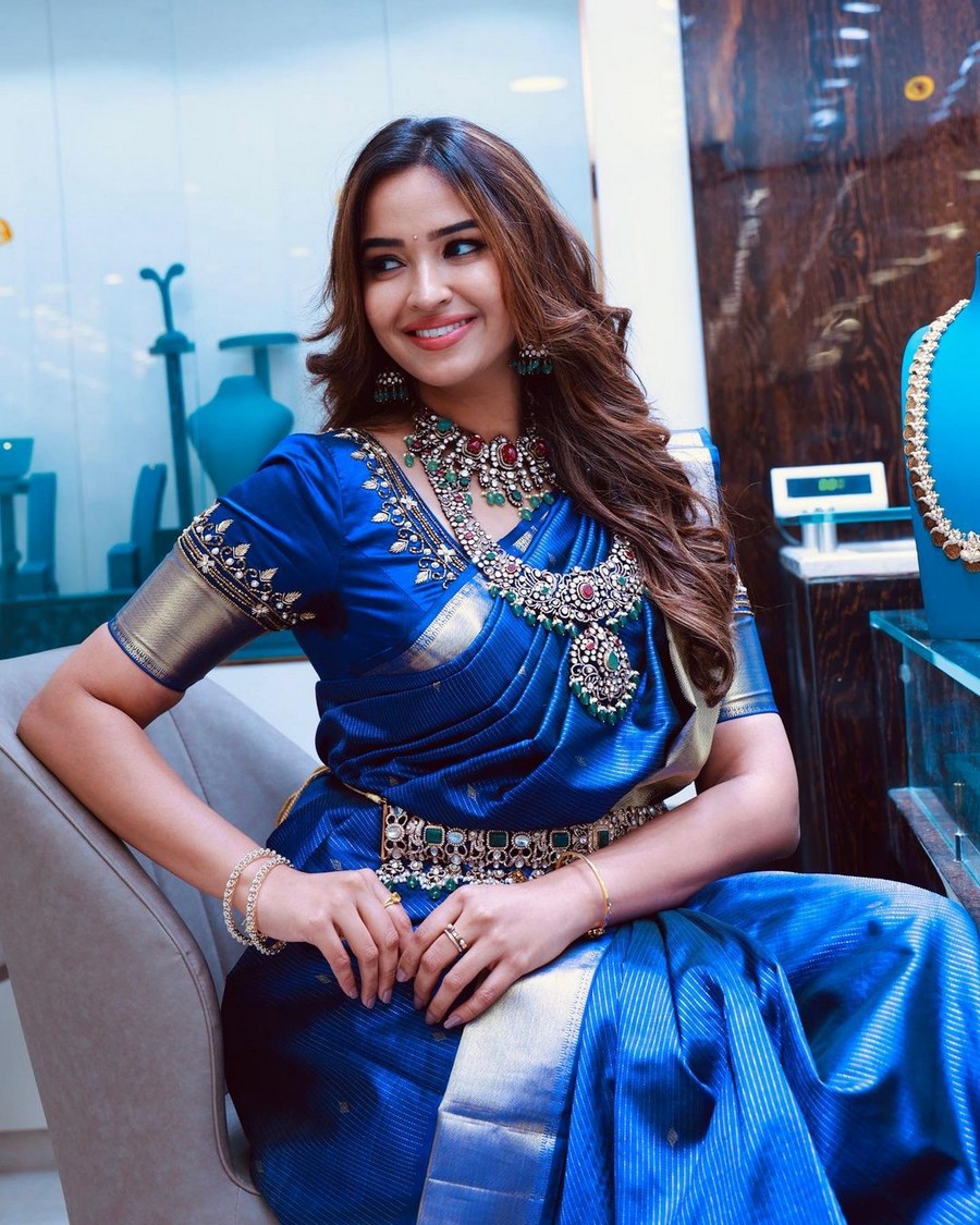 Pujita Ponnada Looks Cute in Blue Silk Saree