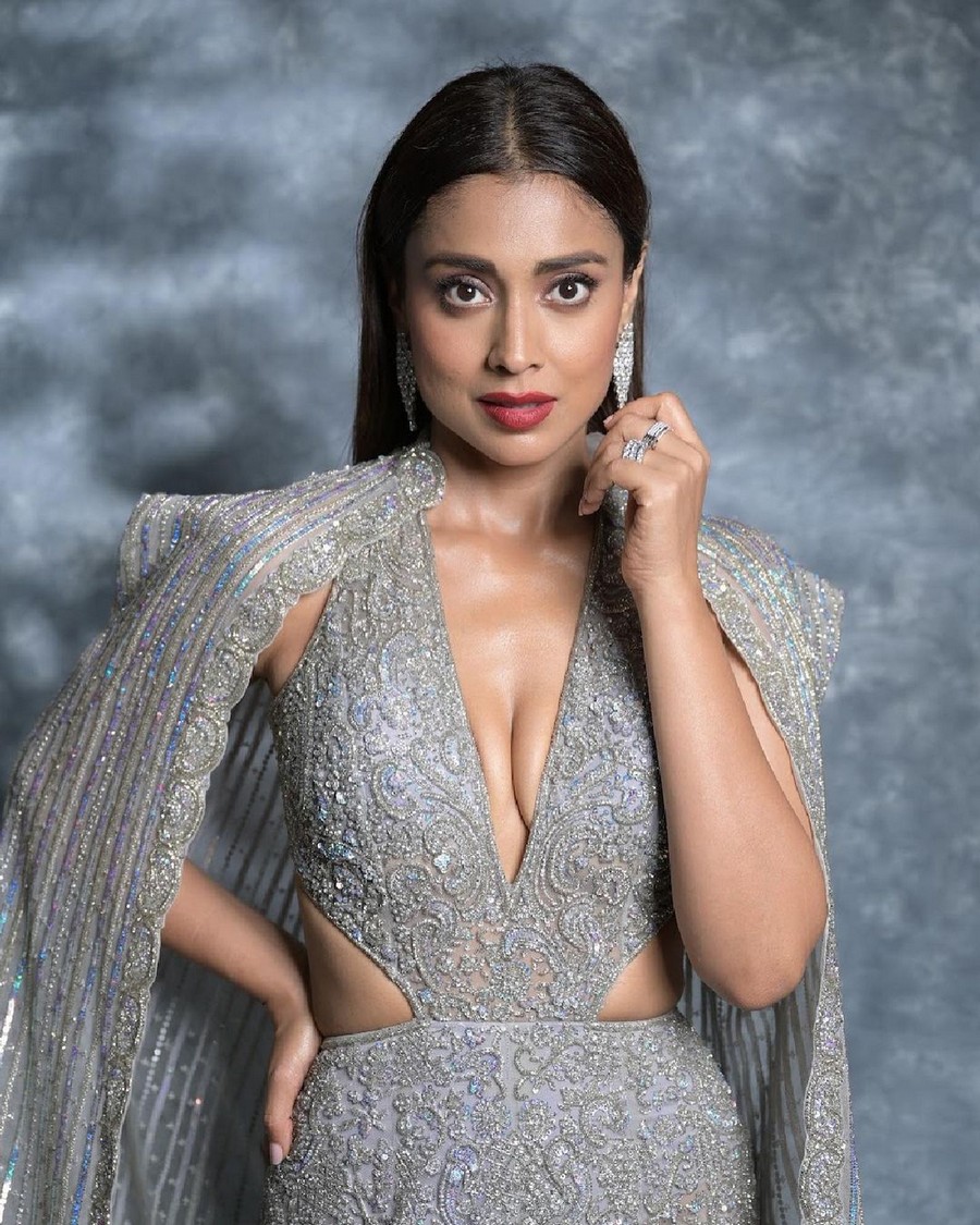 Shriya Saran Glamorous Cliks in Shiny Silver Dress