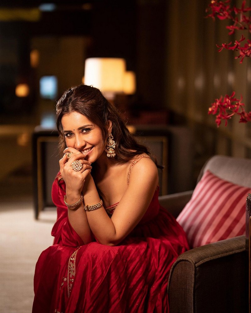 Raashii Khanna Joyful Clicks in Red Dress