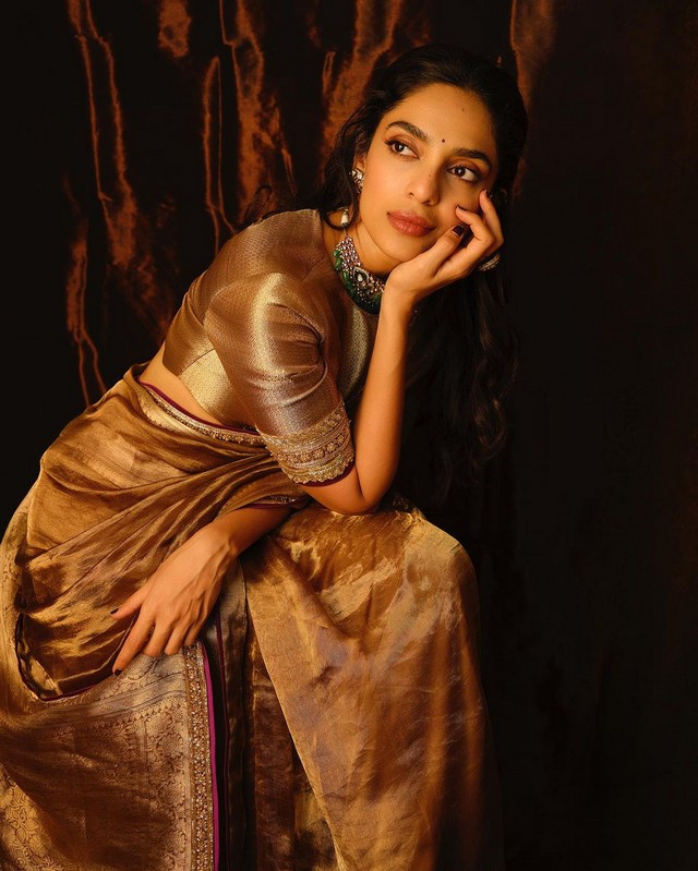 Sobhita Dhulipala Looks Pretty in Golden Shiny Saree