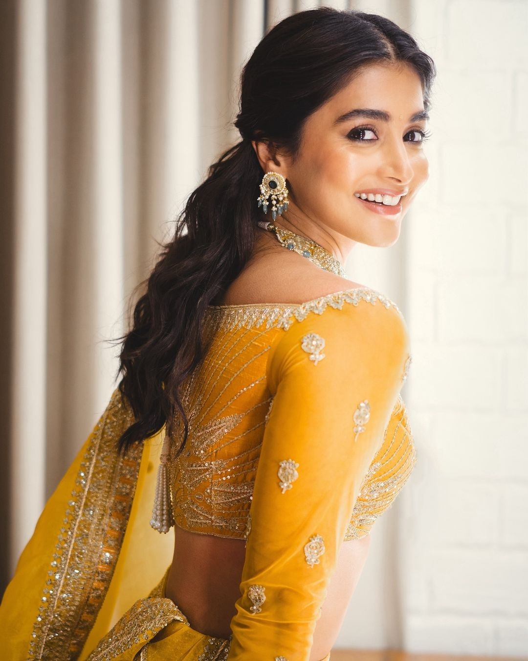 Actress Pooja Hegde Traditional Looks in Yellow Dress