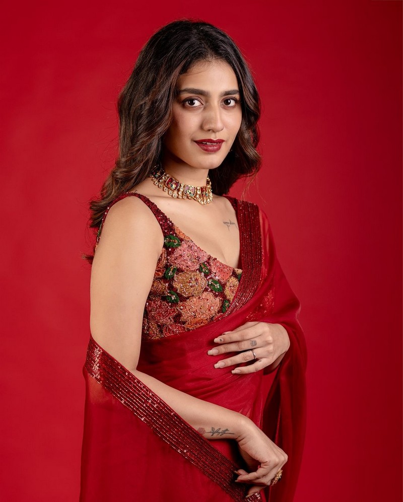 Priya Prakash Varrier Looks Beautiful in Red Saree